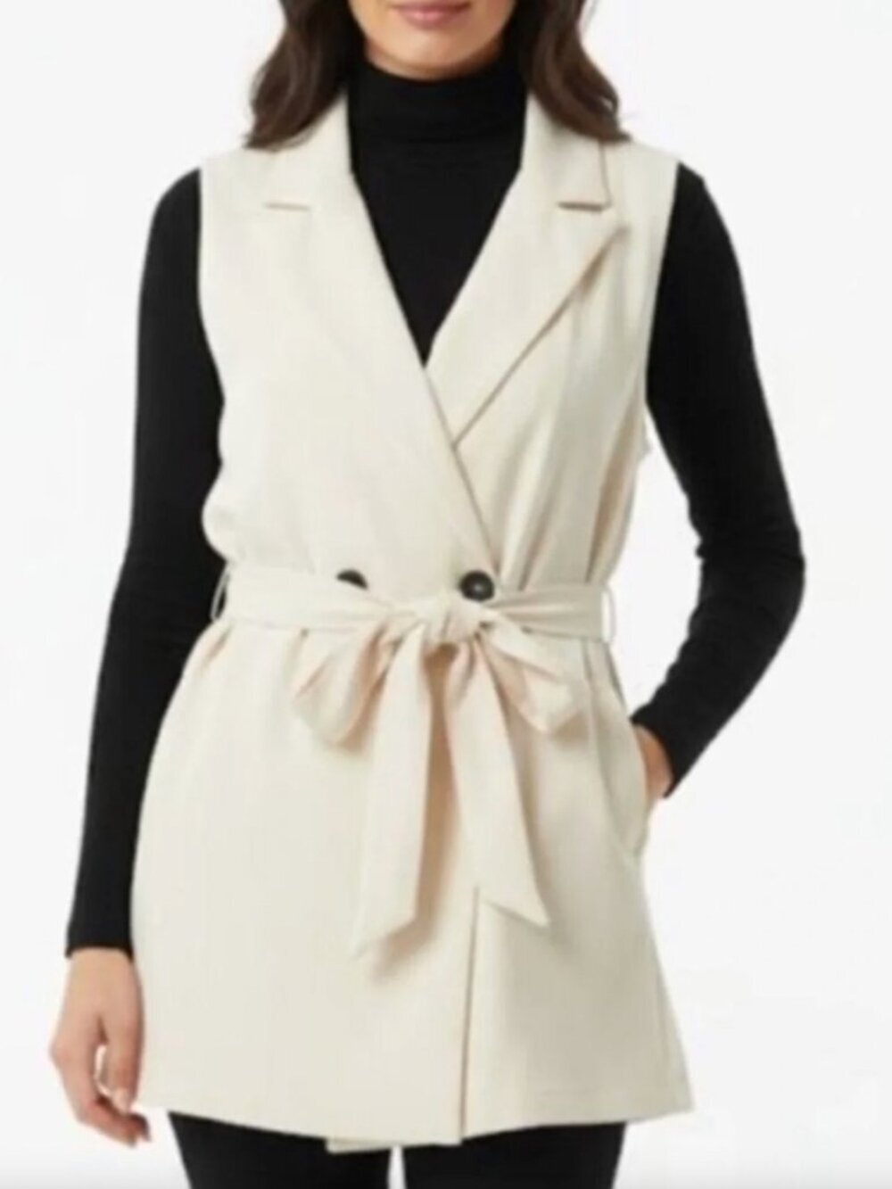 NWT Melloday Ivory Sleeveless Longline Blazer Vest Tie Waist Size Medium